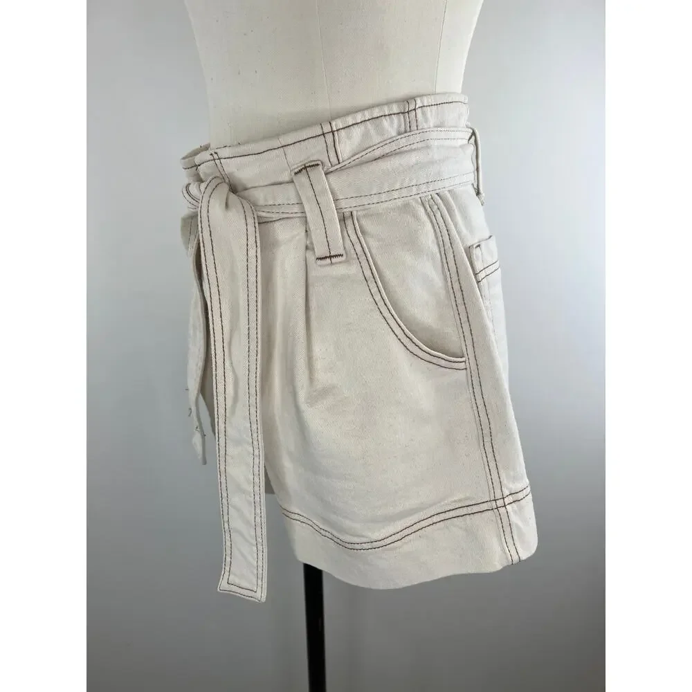 Happy x Nature Off White Tie Waist Cotton Blend Women's Stretch Shorts Size M